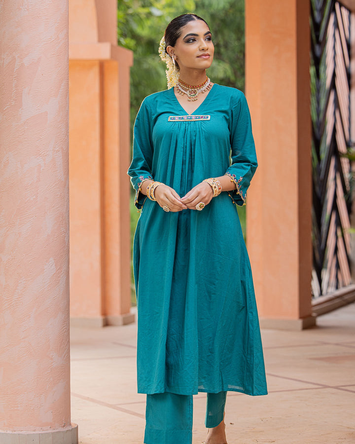 Sea Green Mirror A-line Kurta Set