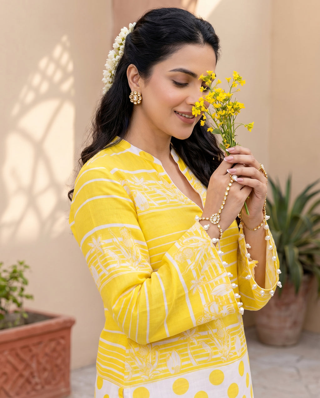 Yellow Stripe & Polka Kurta Set