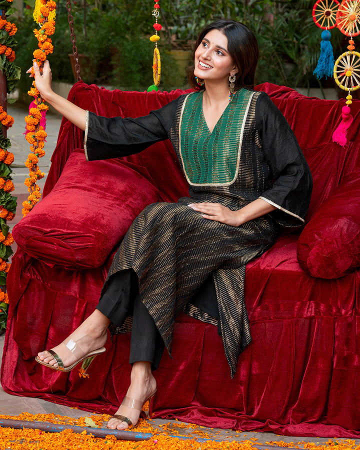 Black Chanderi Kurta Set