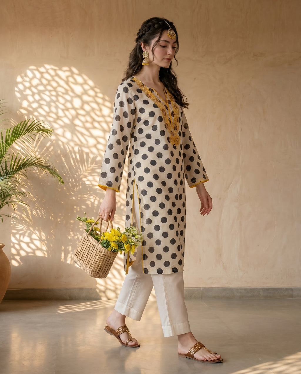 Off-White Polka Embroidered Kurta Set