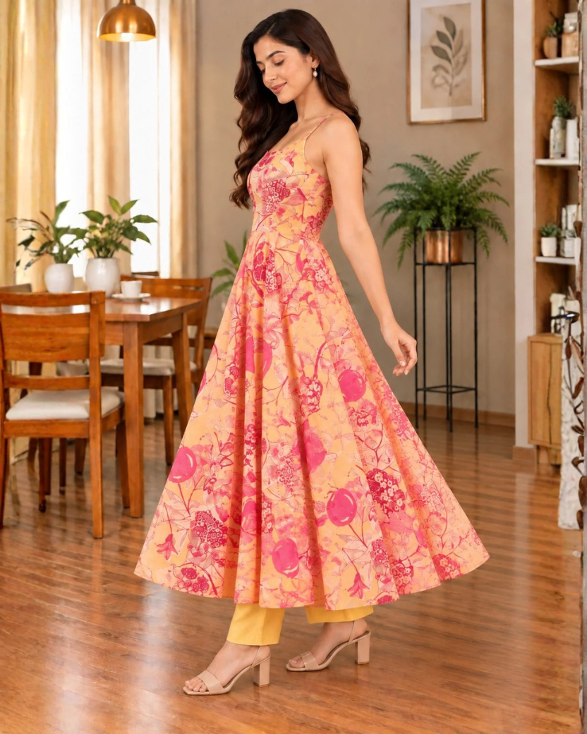 YELLOW ANARKALI FLOWER SET