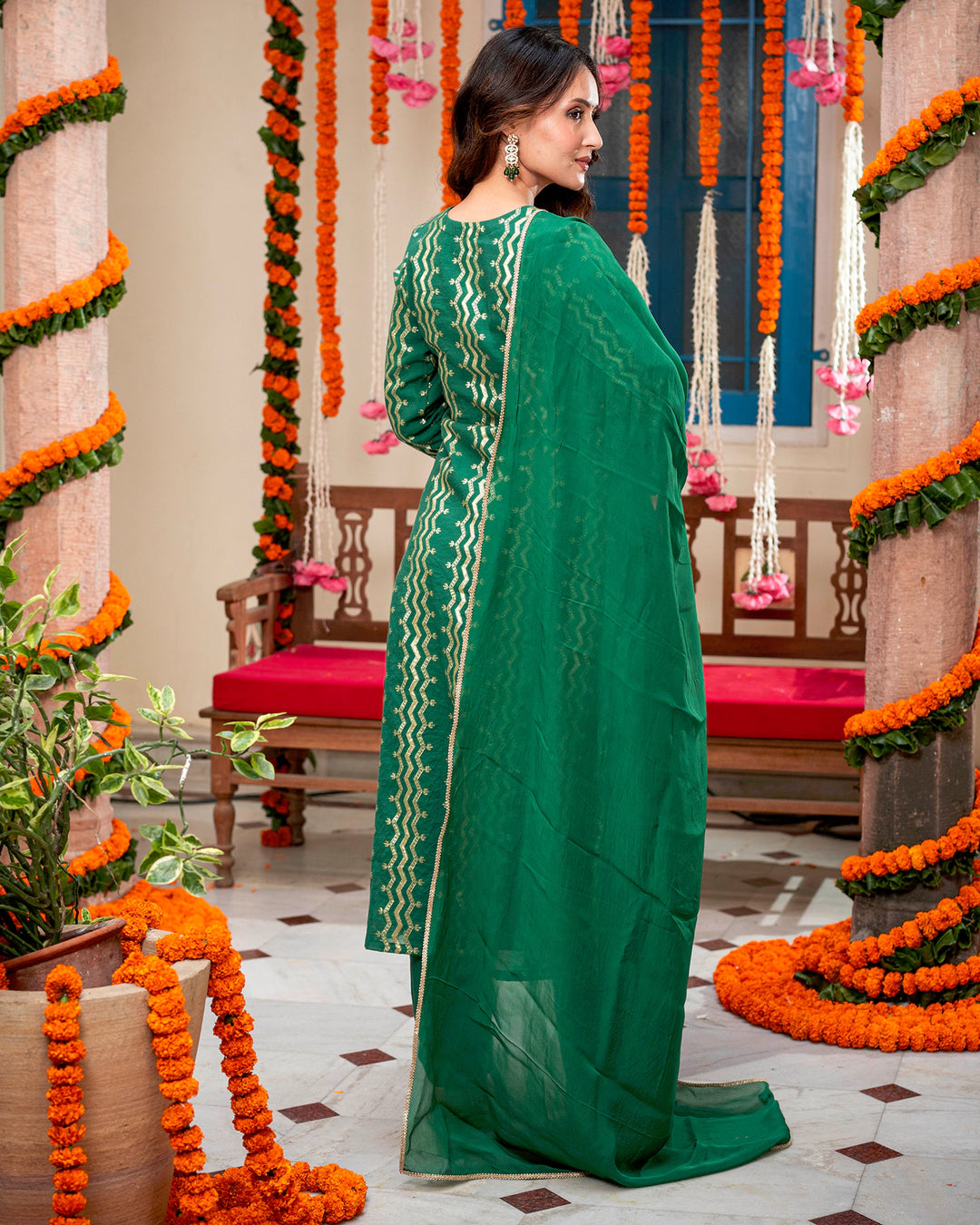 Green Self-Embroidered Suit Set