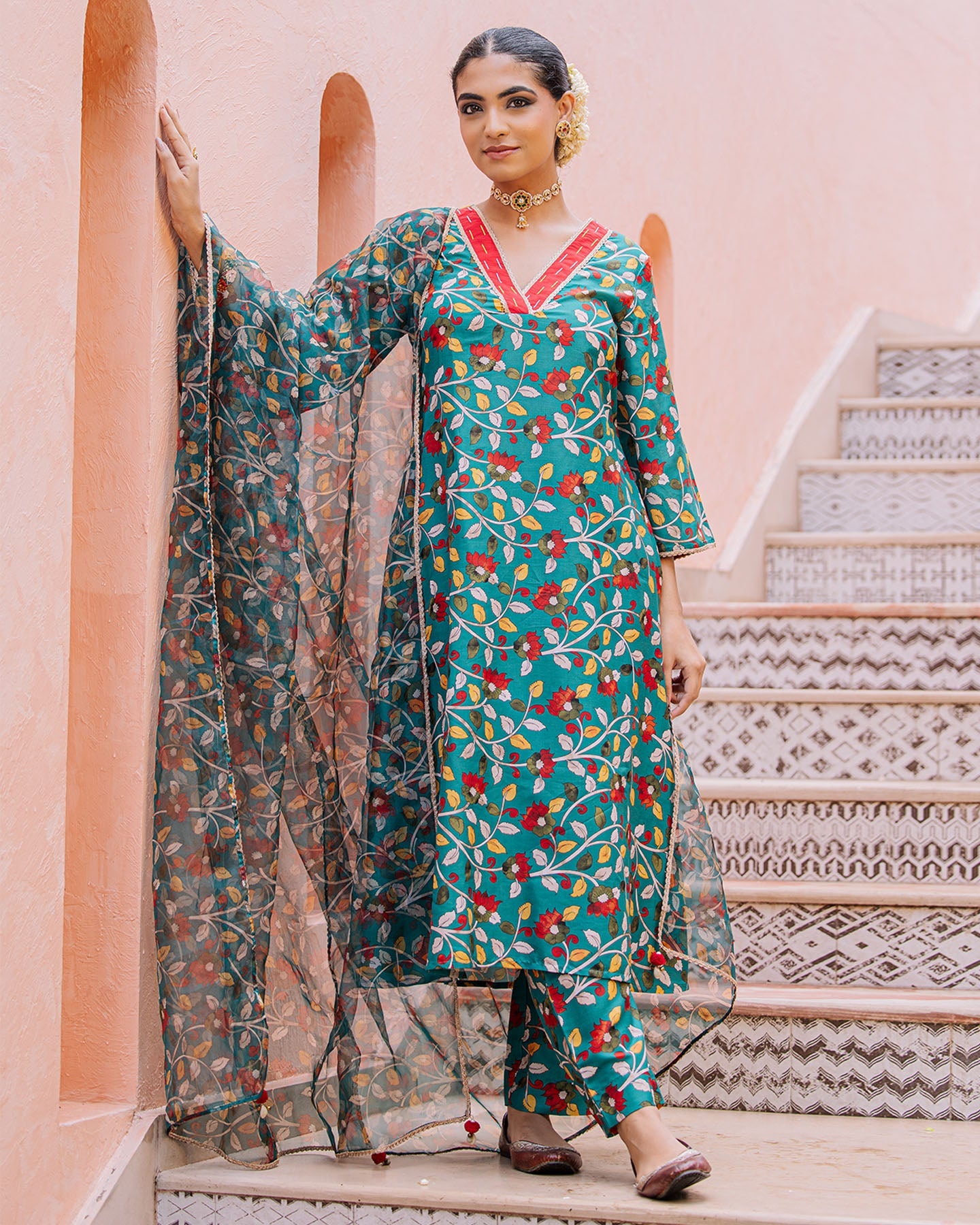 Green Floral Muslin Suit Set