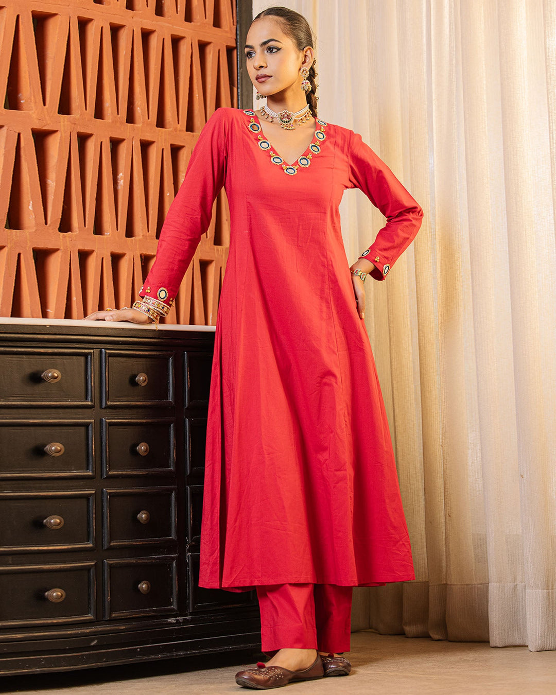 Vibrant Red Mirror Work Kurta Set
