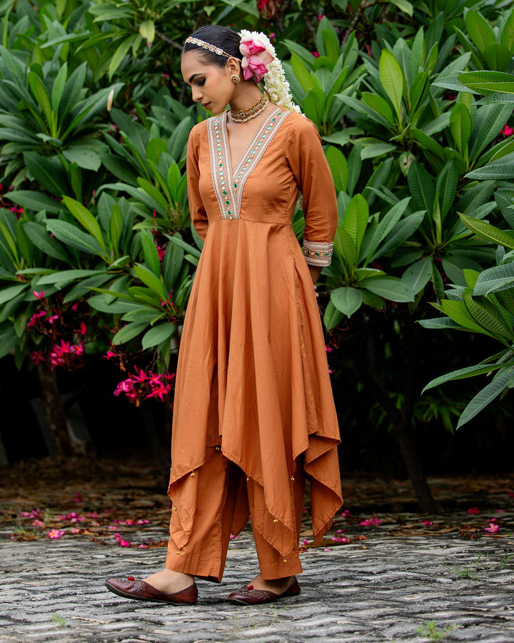 Rust Brown Mirror Work Kurta Set