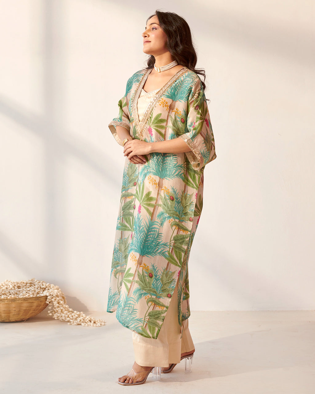 Off White Foliage Print Kaftan Set