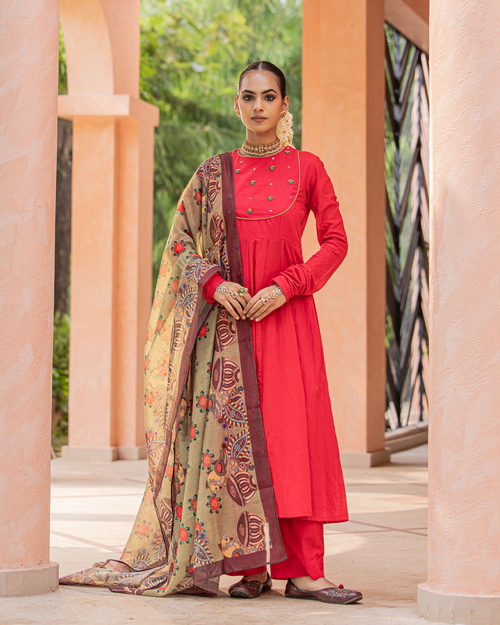 Red & Green Kalamkari Suit Set