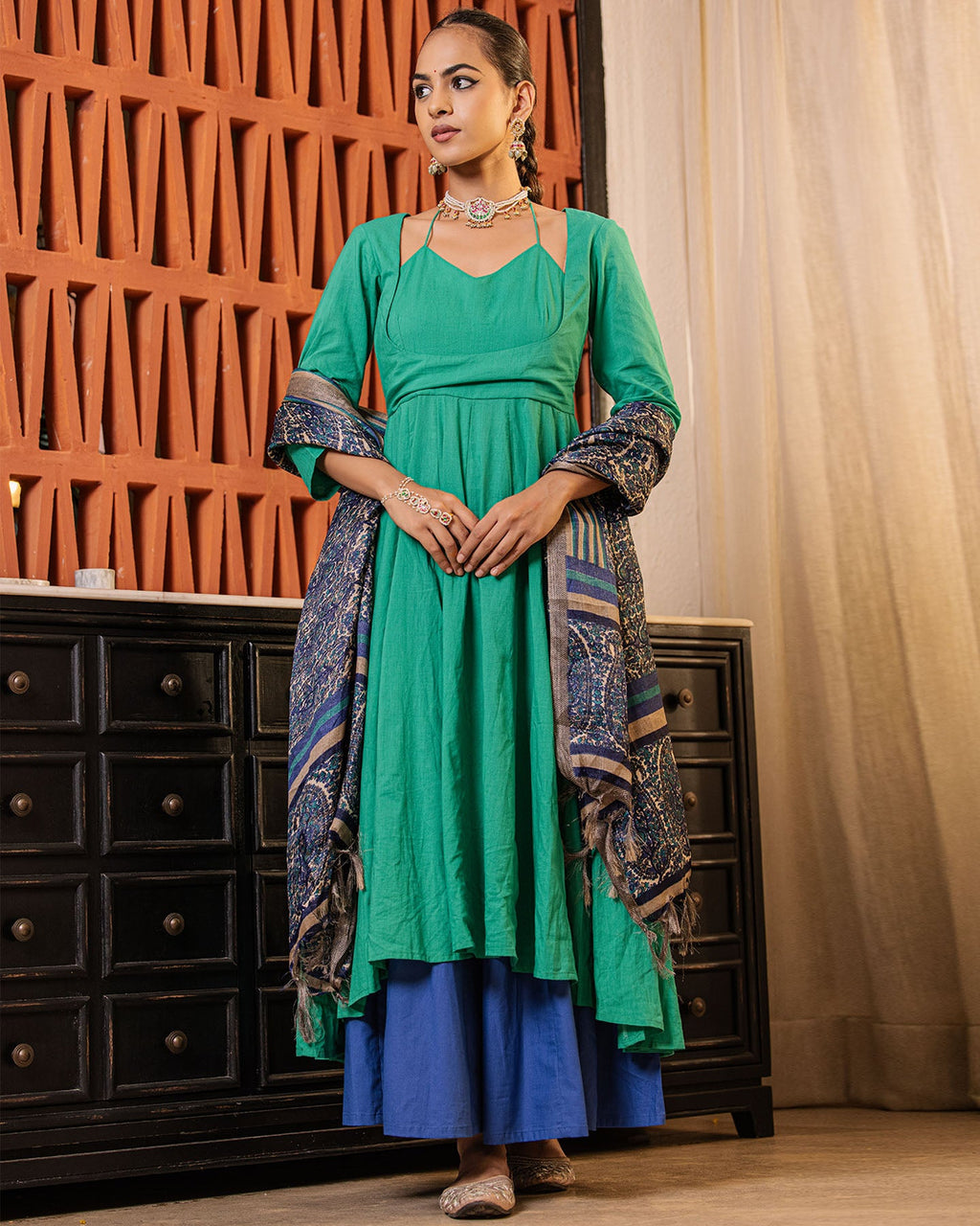 Color Block Green Blue Suit Set