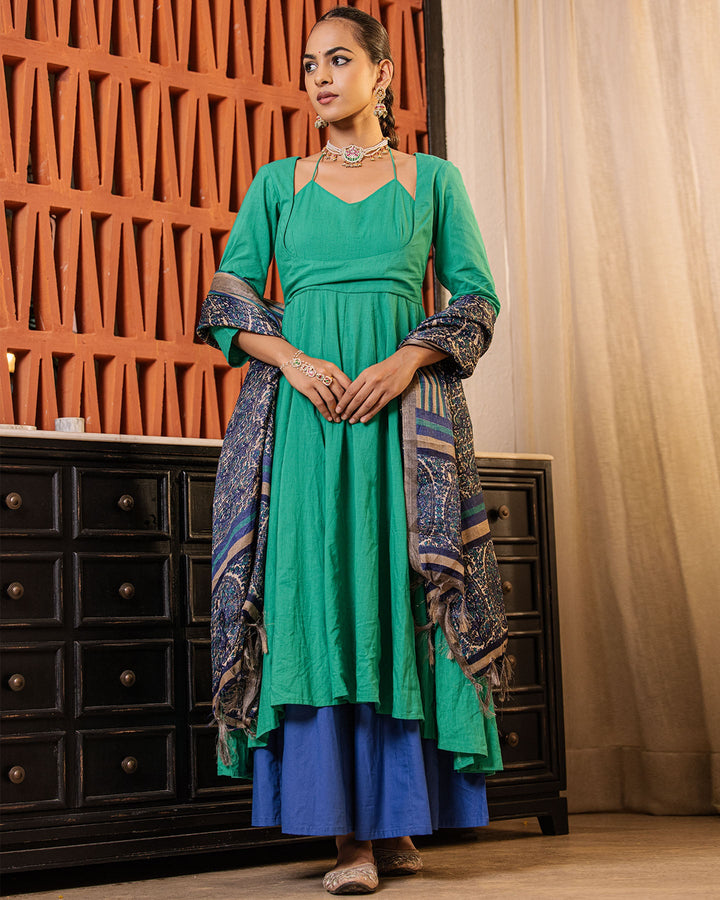 Color Block Green Blue Suit Set