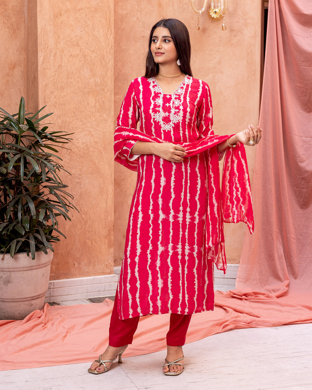 Red Tie-Dye Embroidered Suit Set