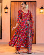 Red Floral Muslin Suit Set