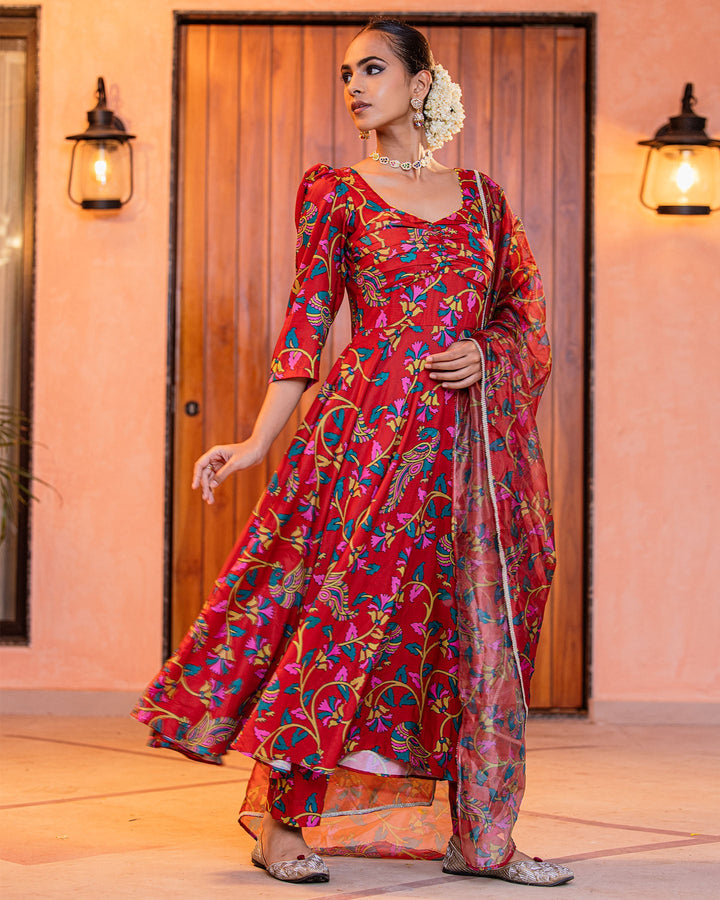 Red Floral Muslin Suit Set