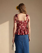 Red Floral Cotton Peplum Top