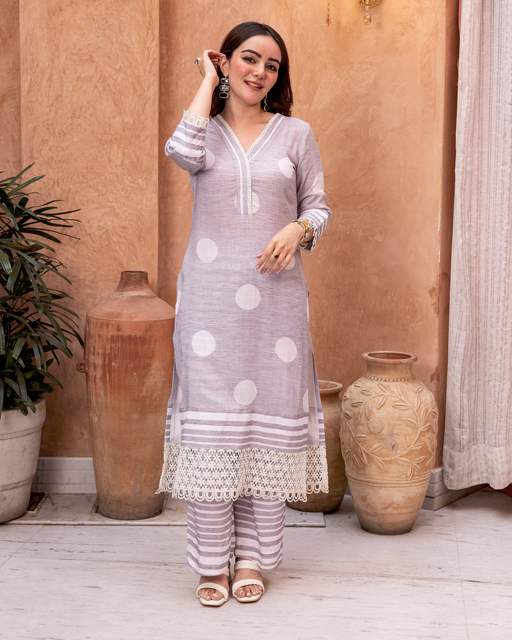 Grey Lace & Polka Kurta Set