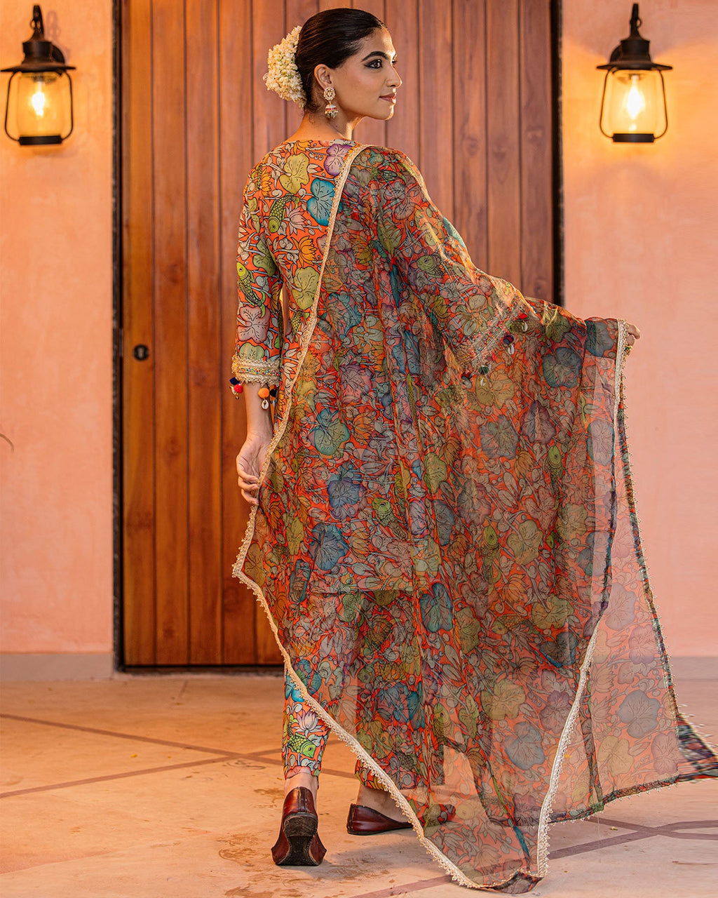 Orange Floral Muslin Suit Set