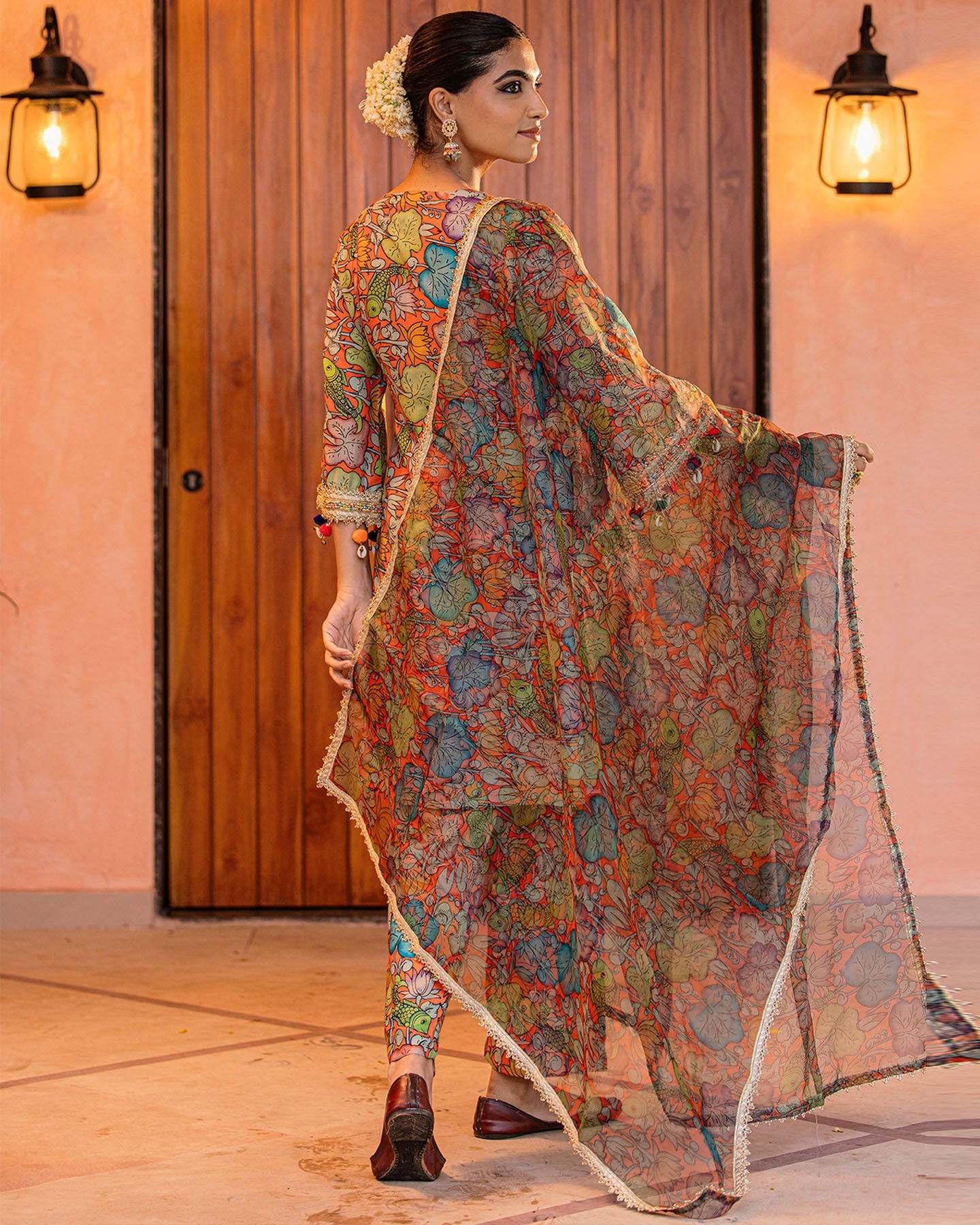 Orange Floral Muslin Suit Set