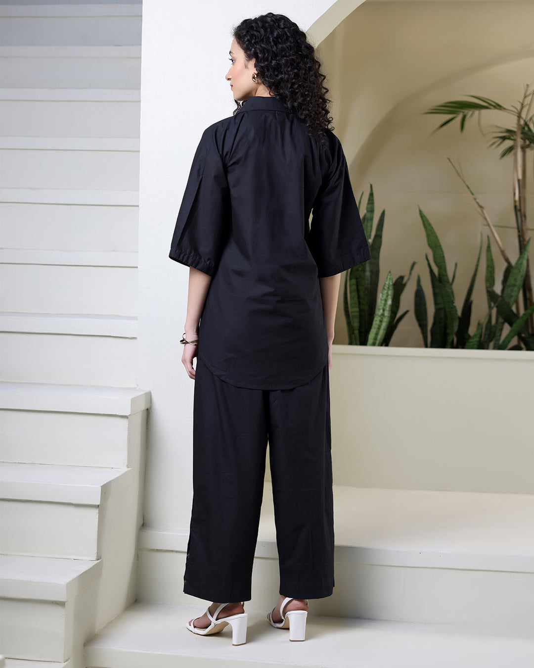 Black Shirt Collar Cotton Co-ord Set