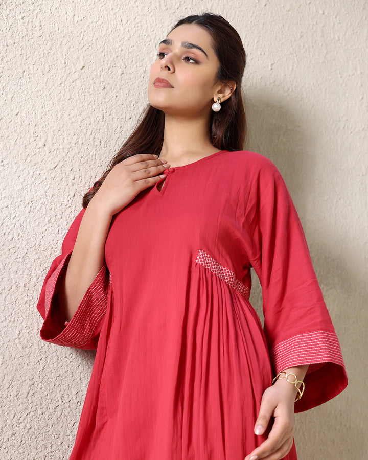 ROUND NECK A-LINE RED KURTA SET