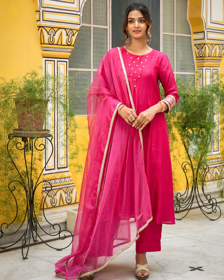 Pink Tamba Work Chanderi Suit Set