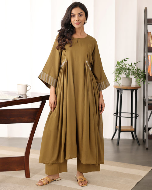 A-line Brown Cotton Kurta Set