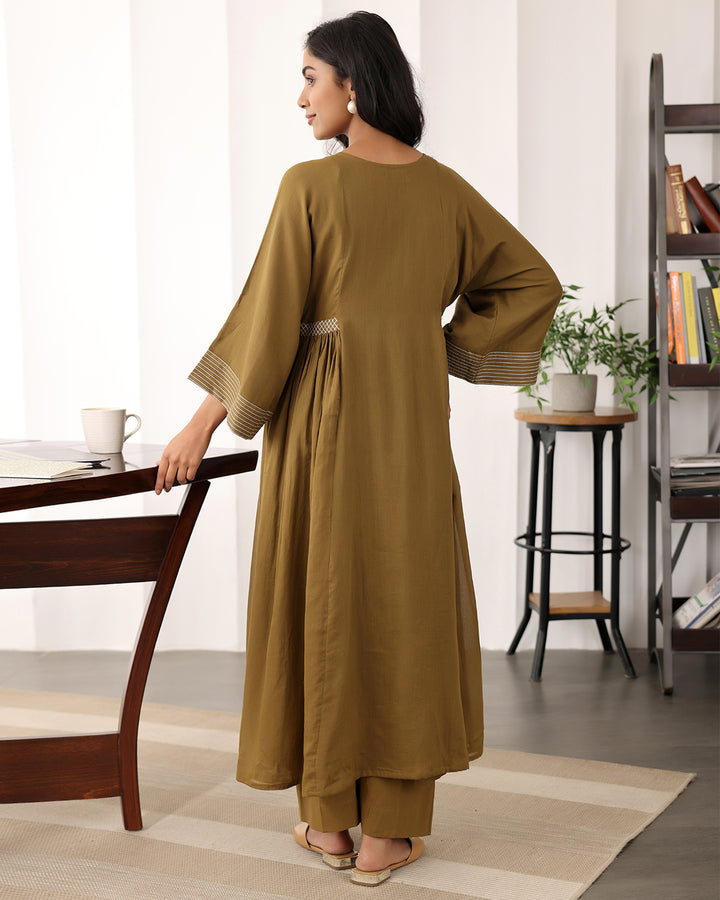 A-line Brown Cotton Kurta Set