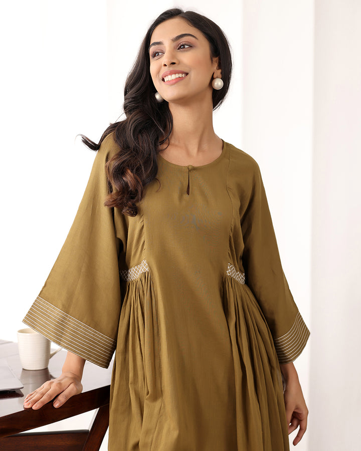 A-line Brown Cotton Kurta Set