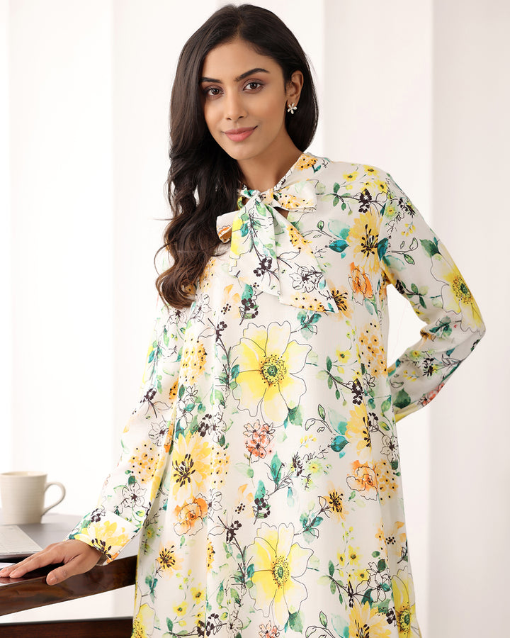 TIE-UP NECK FLORAL PRINTED KURTA SET