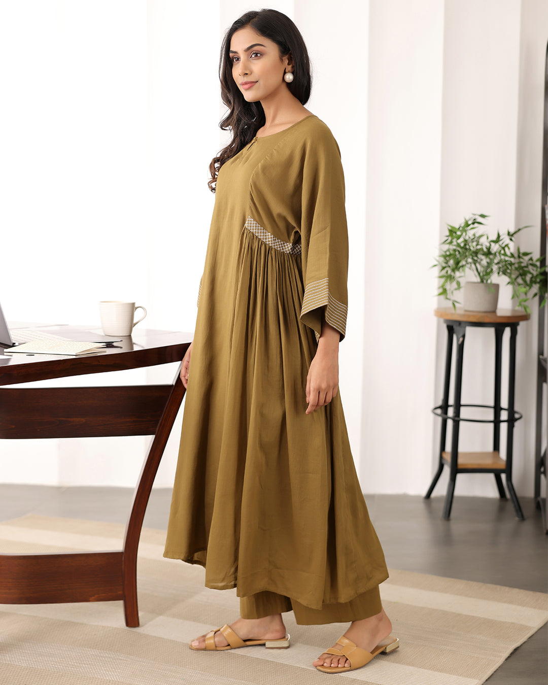 A-line Brown Cotton Kurta Set