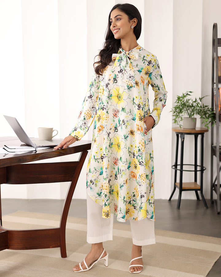 TIE-UP NECK FLORAL PRINTED KURTA SET