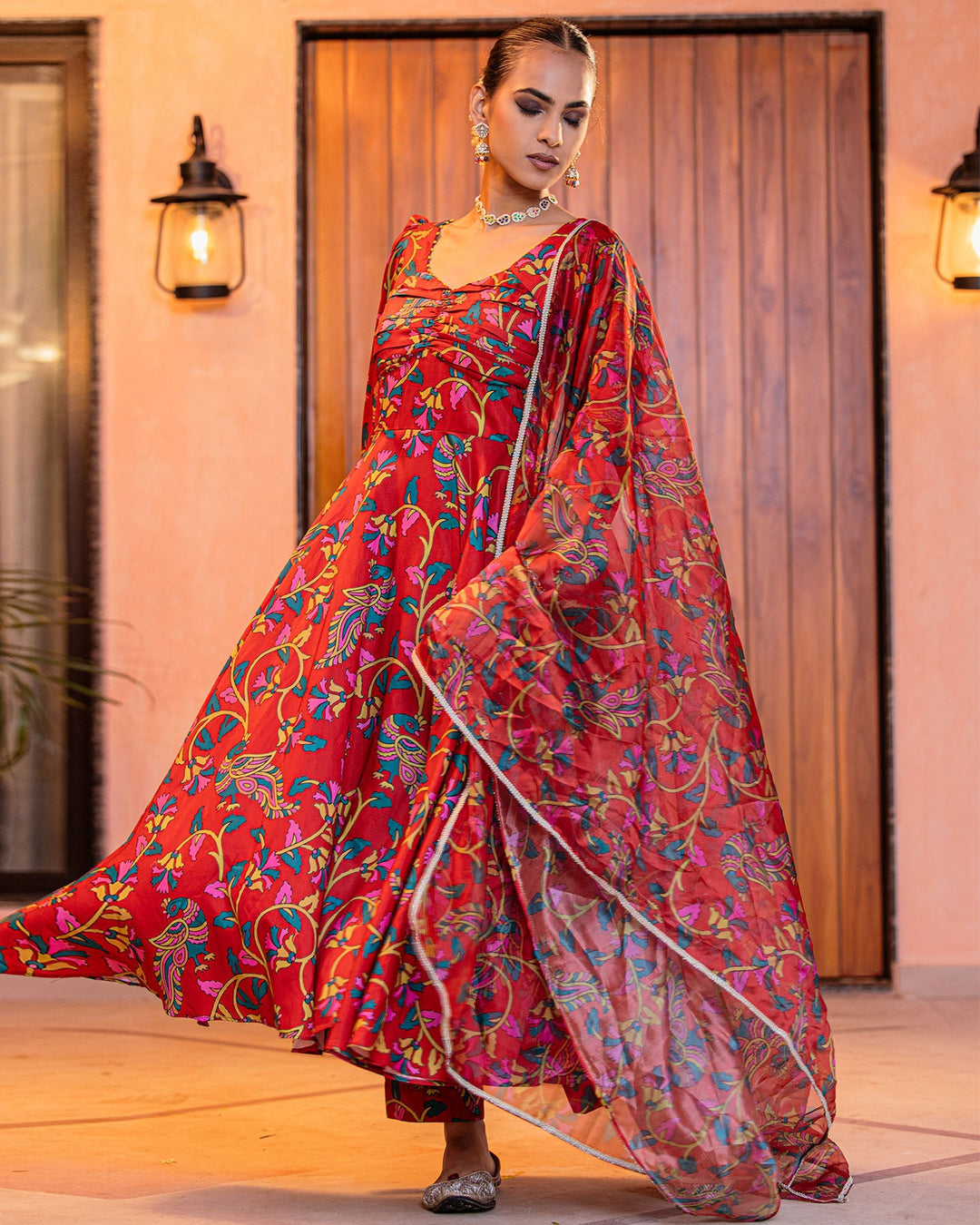 Red Floral Muslin Suit Set
