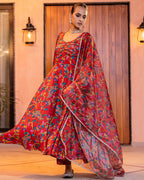 Red Floral Muslin Suit Set