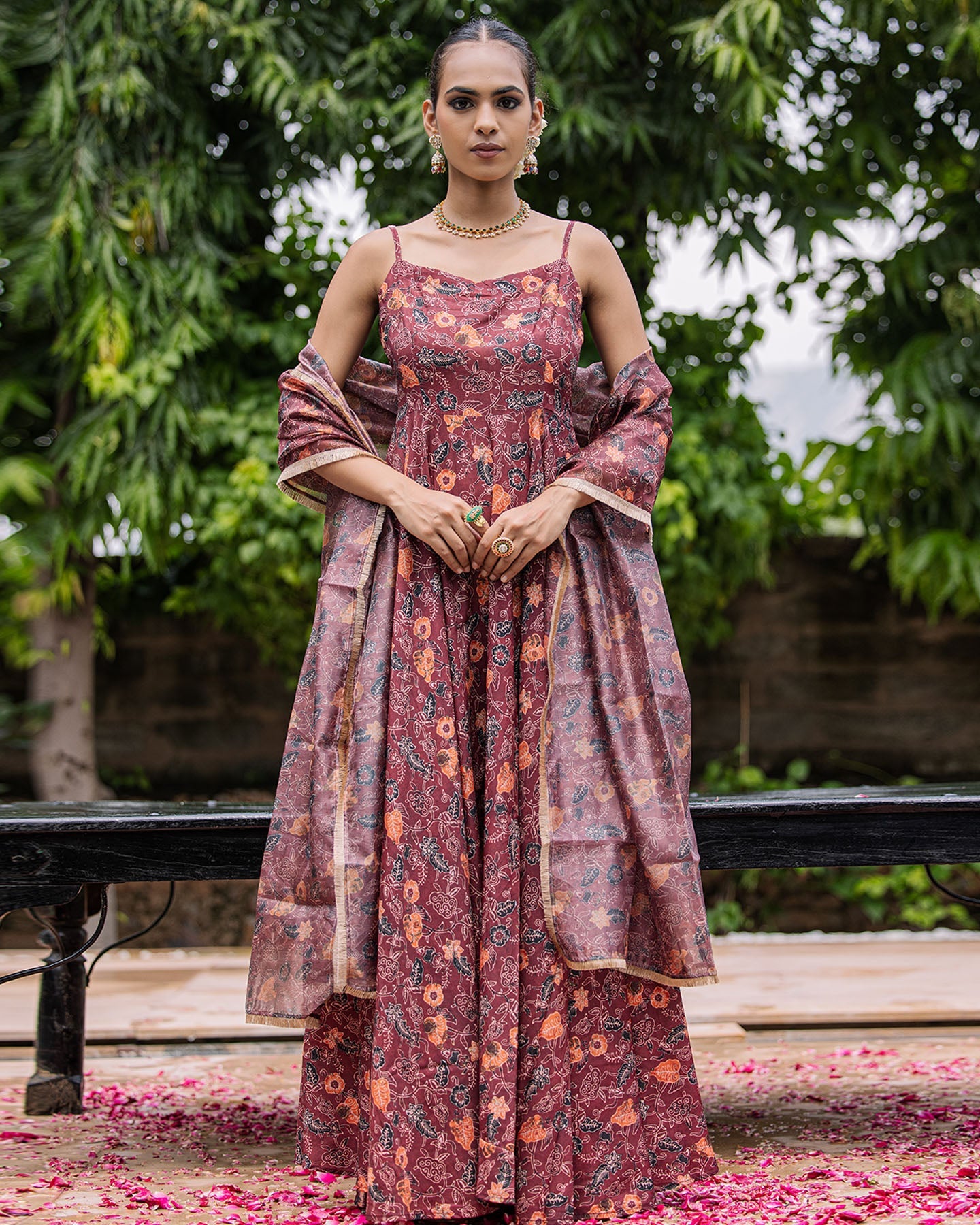 Brown Floral Muslin Suit Set