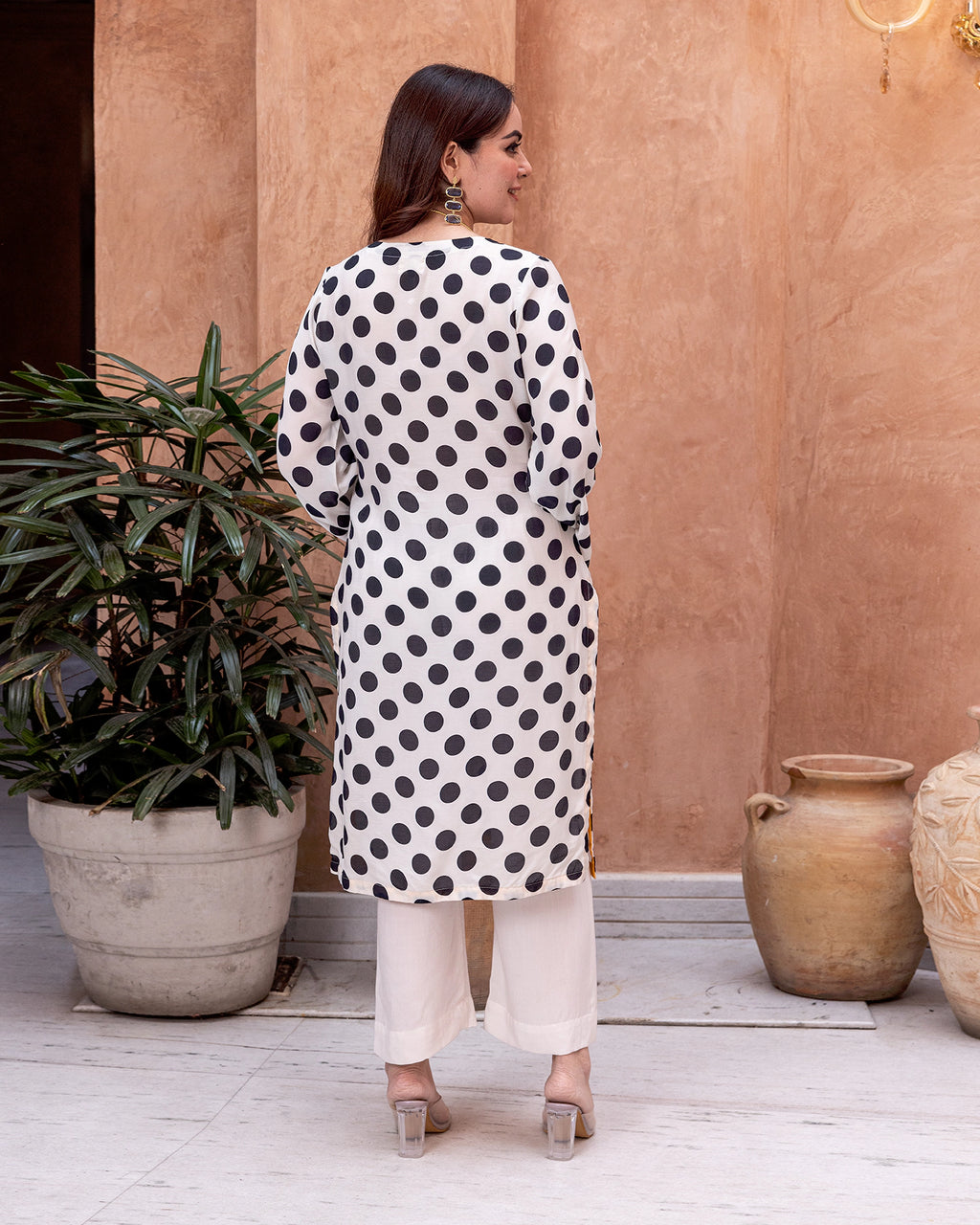 Off-White Polka Embroidered Kurta Set