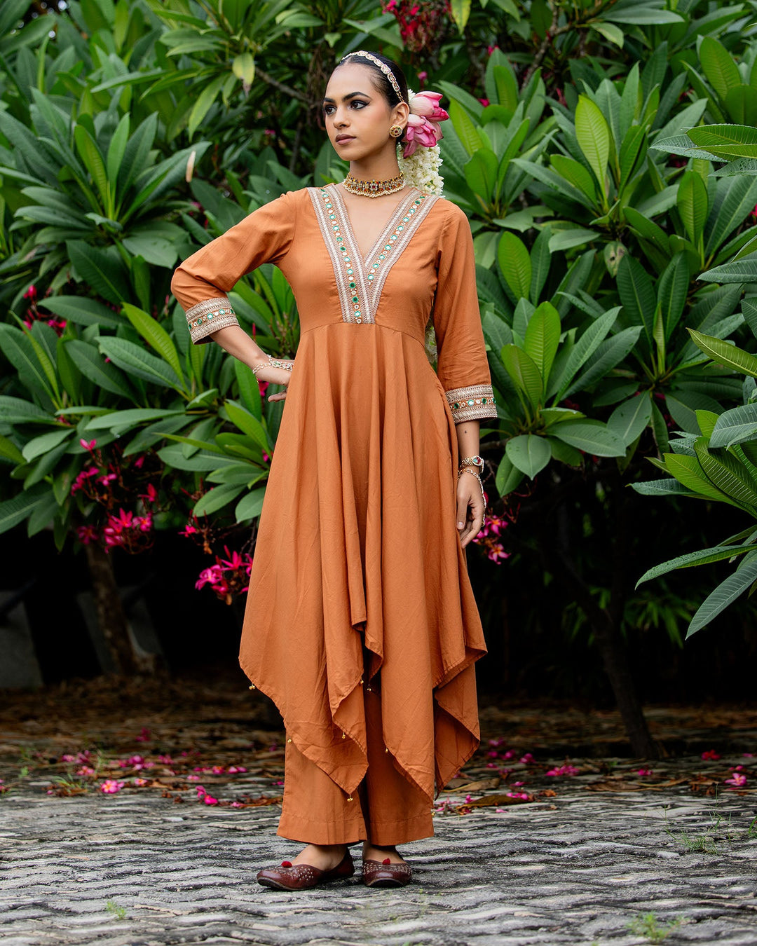 Rust Brown Mirror Work Kurta Set