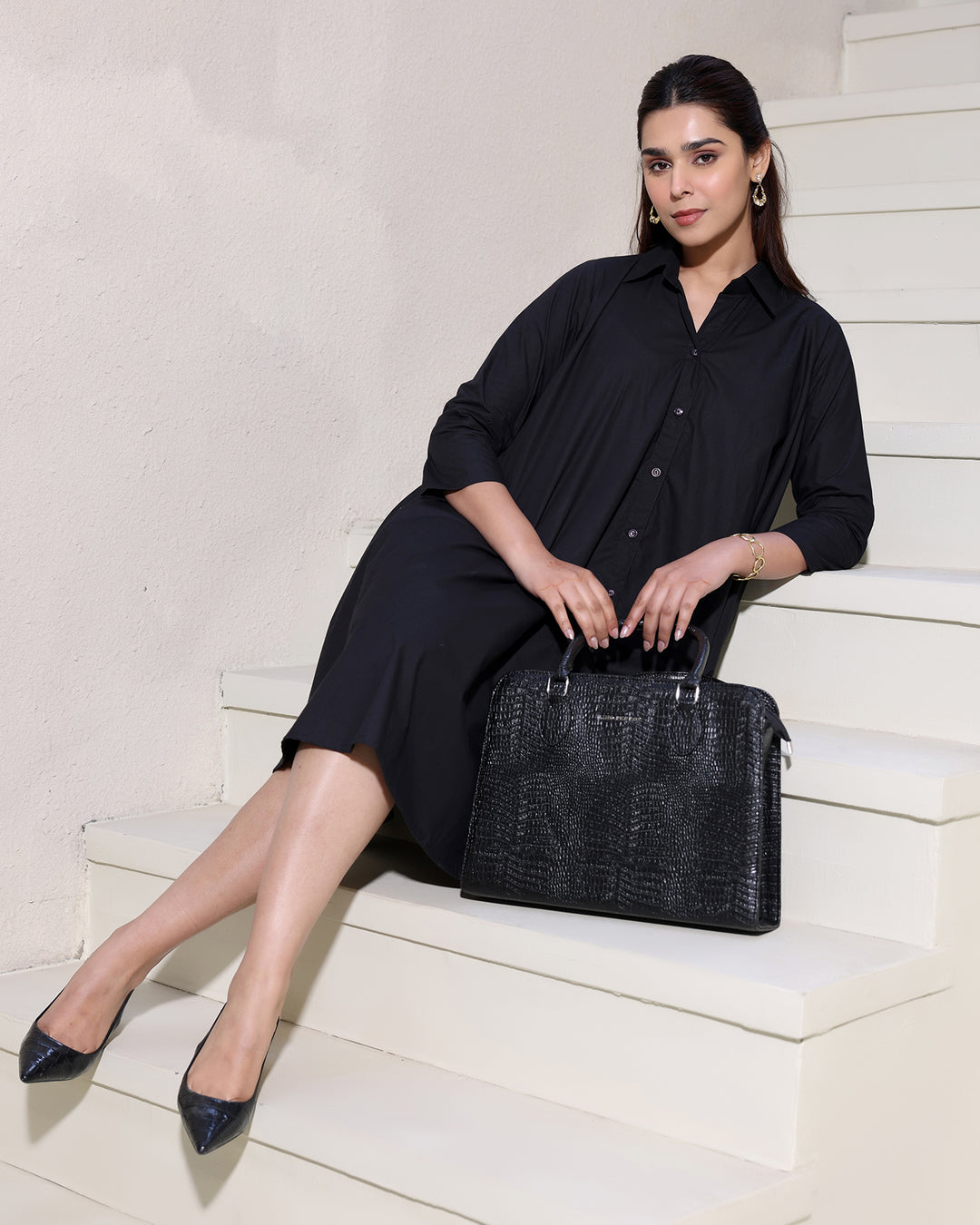 Classic Black Poplin Shirt Dress