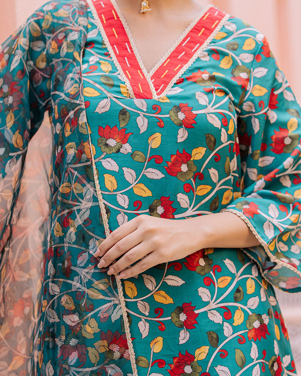Green Floral Muslin Suit Set