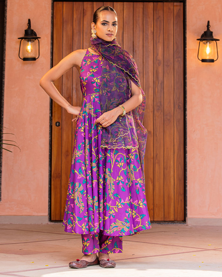 Purple Floral Muslin Suit Set