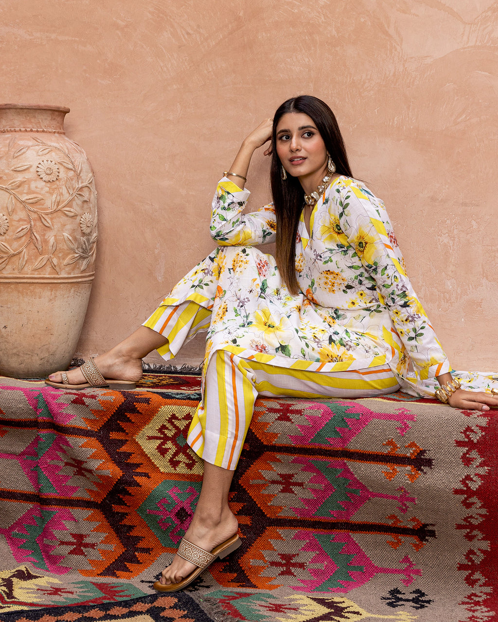 White Blossom & Stripe Kurta Set