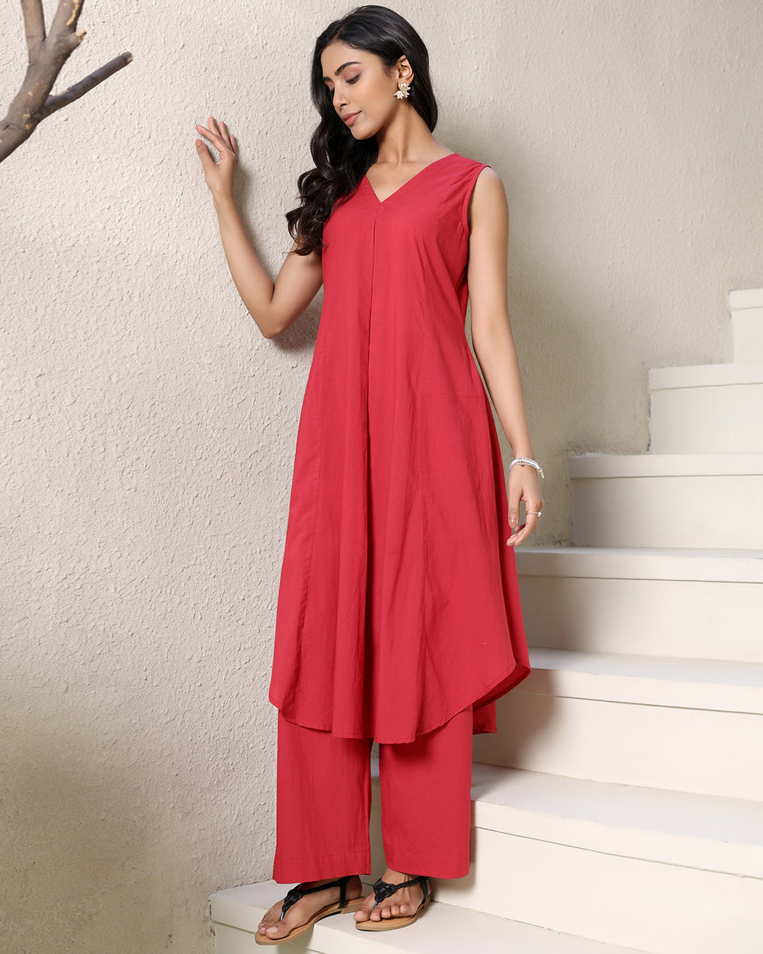 Hot Red High-low Kurta Set