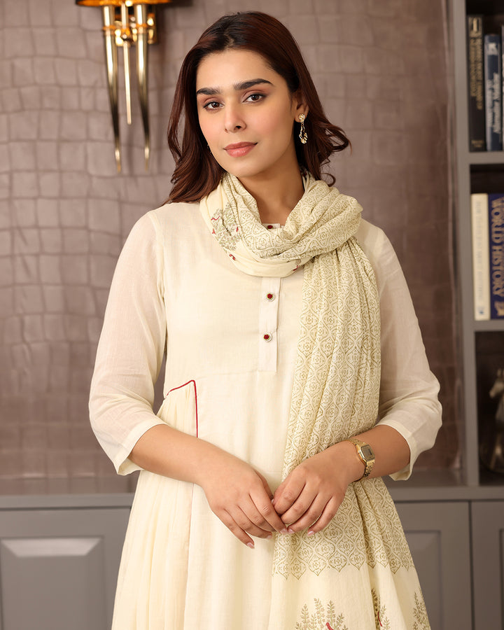 OFF-WHITE A-LINE KURTA-DUPATTA SET