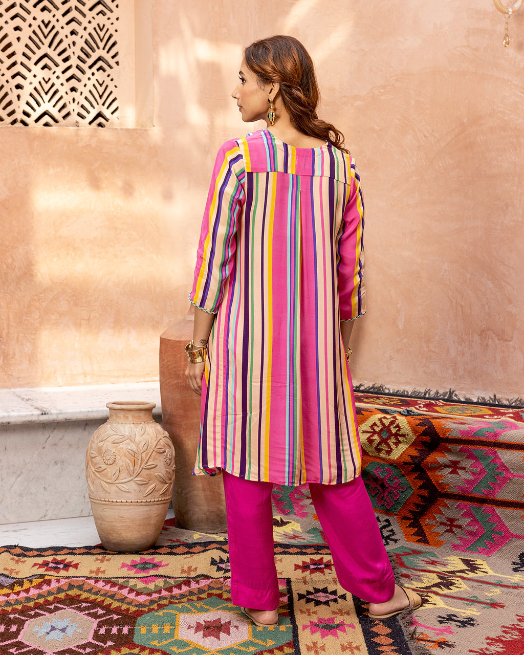 Pink Blossom & Stripes Kurta Set