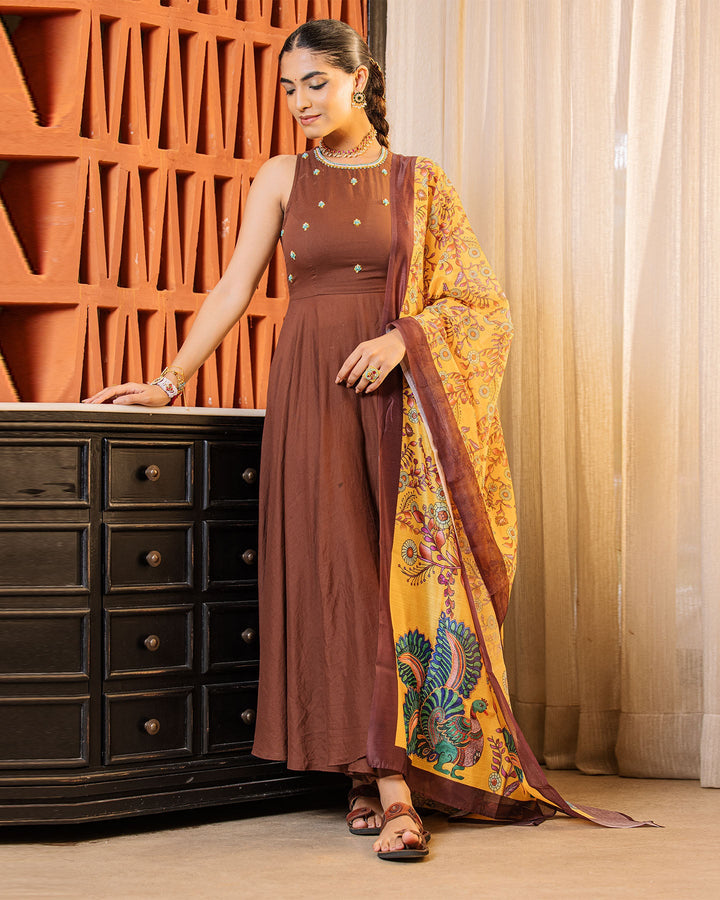 Brown & Mustard Kalamkari Suit