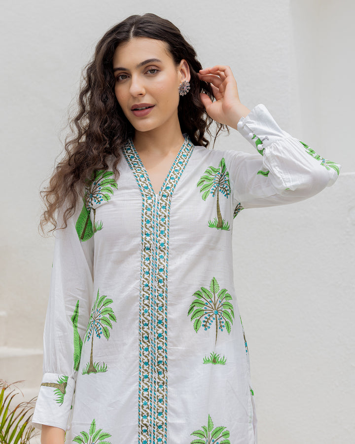 White Green Handblock kurta set