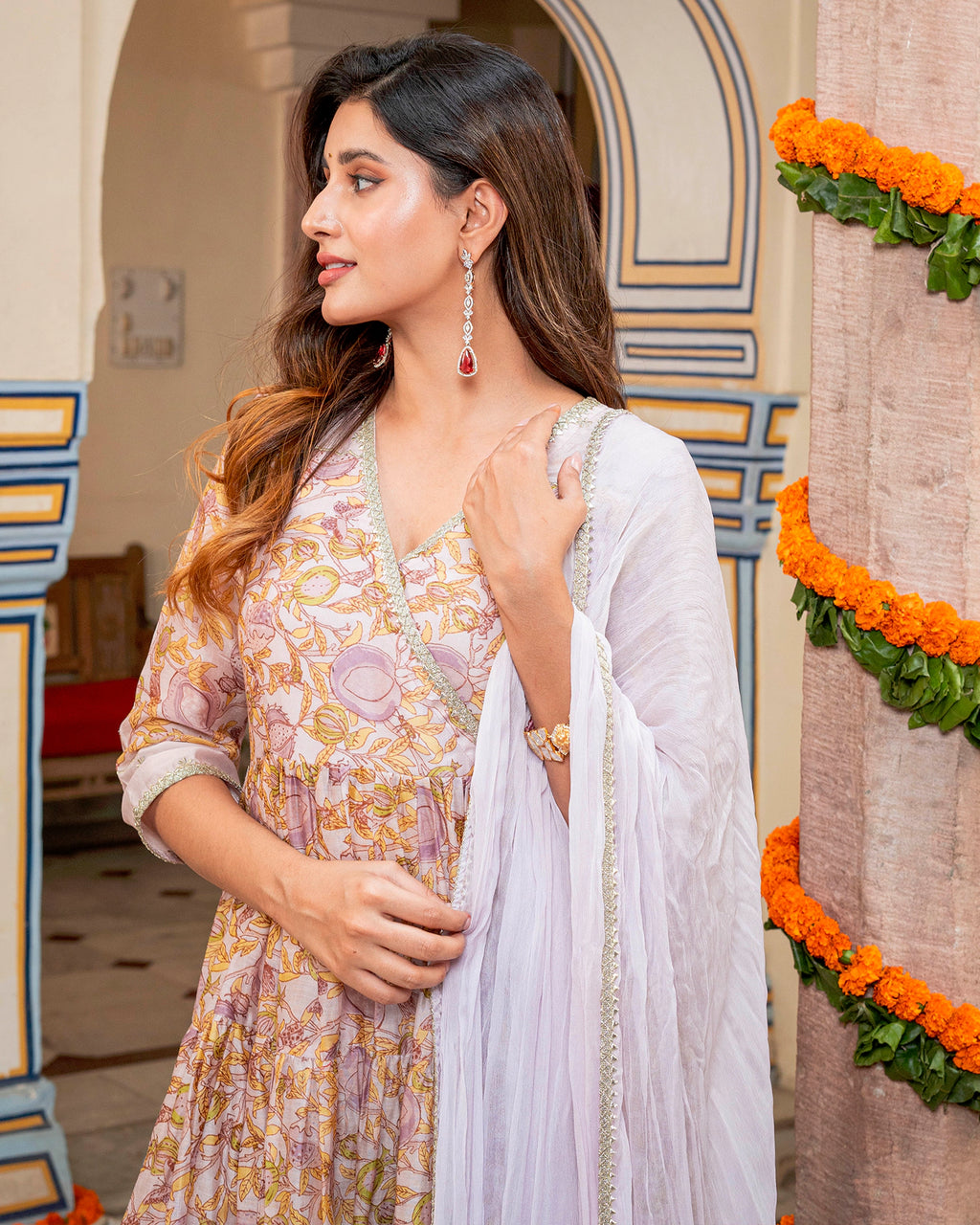 Off White Floral & Tiered Suit Set
