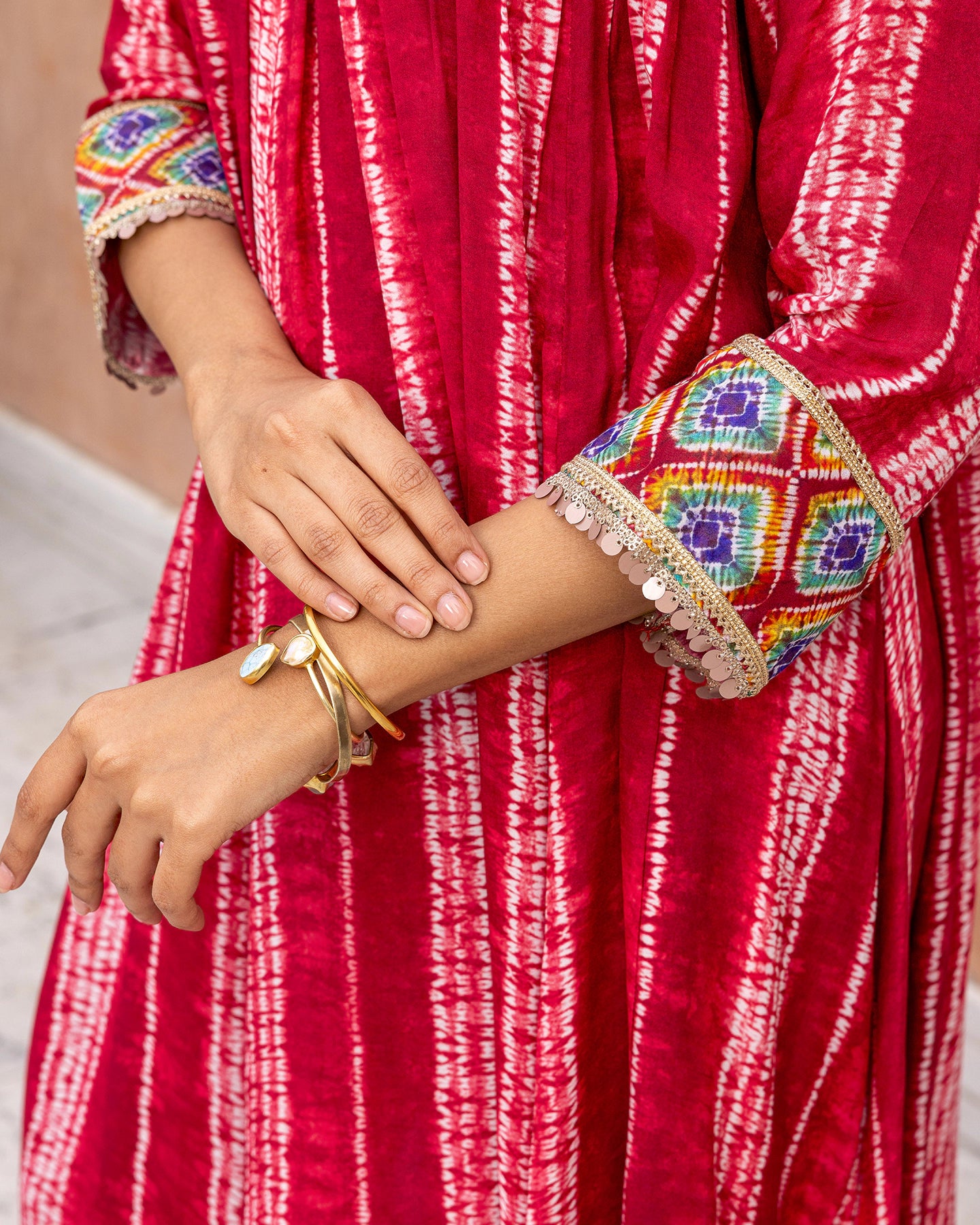 Red Tie Dye Gathered Kurta Set