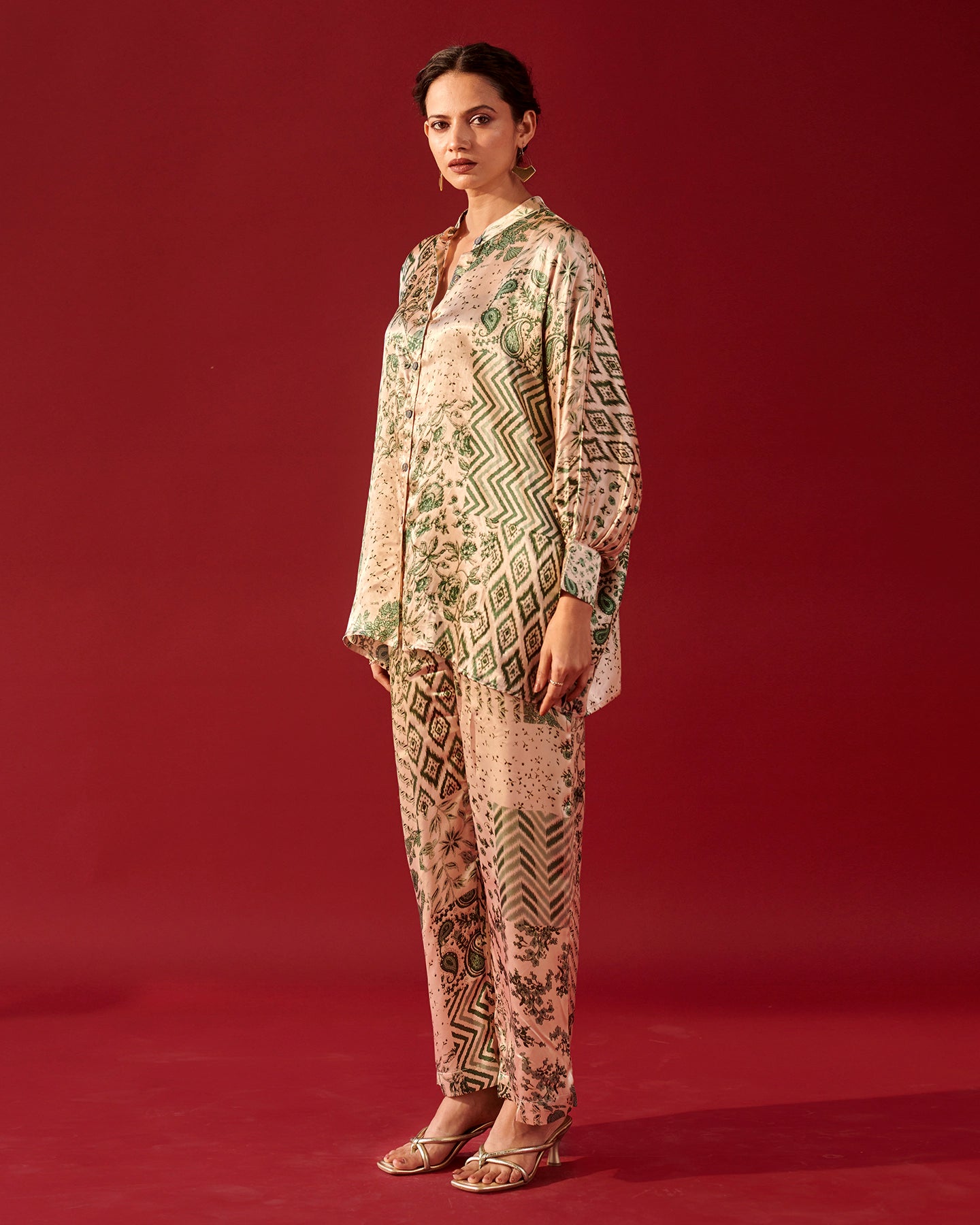 Ivory Green Print Platter Shirt Set