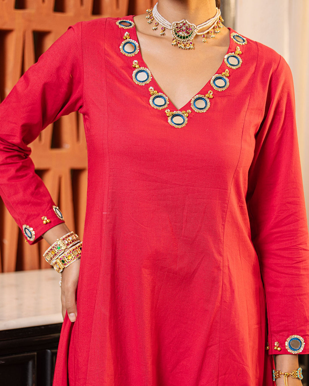 Vibrant Red Mirror Work Kurta Set