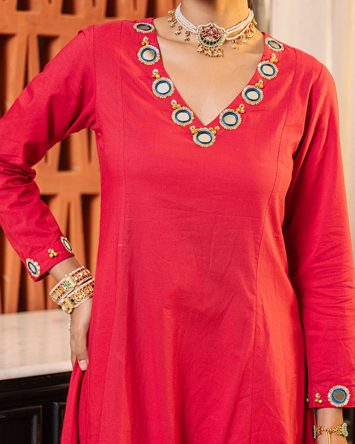 Vibrant Red Mirror Work Kurta Set