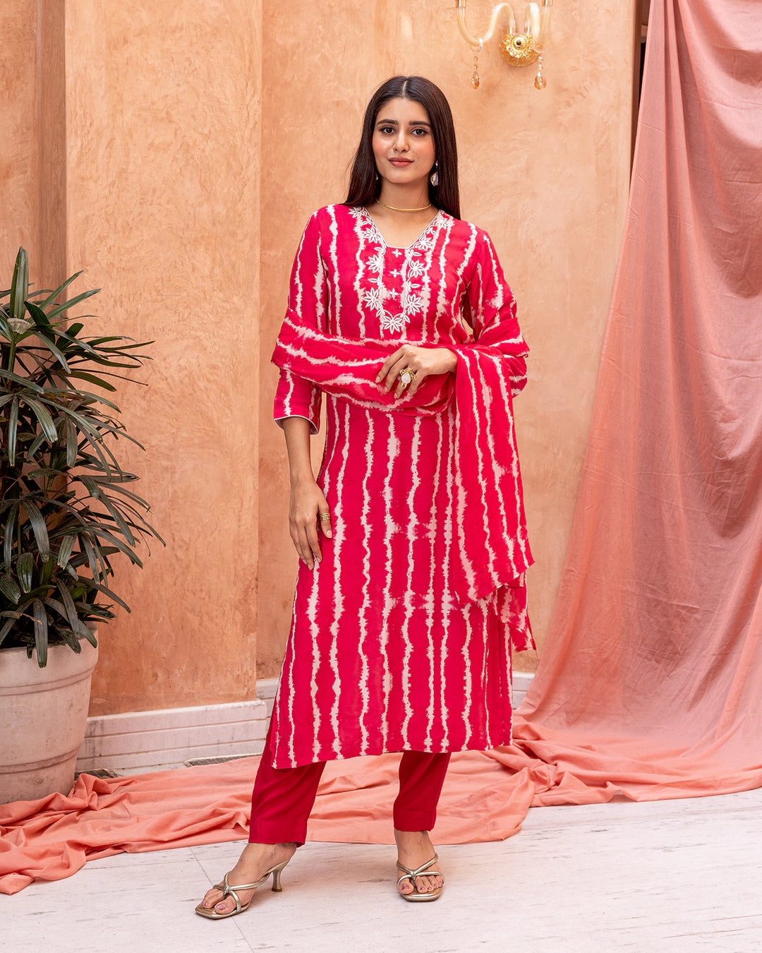 Red Tie-Dye Embroidered Suit Set