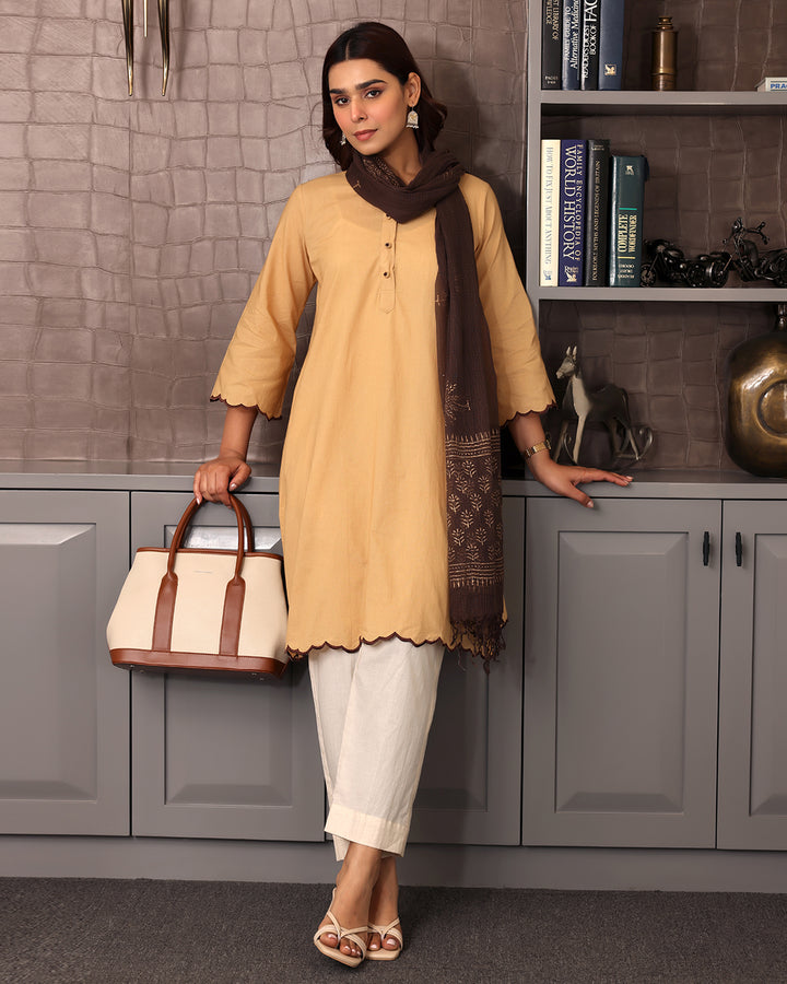 BEIGE COTTON KURTA-DUPATTA SET